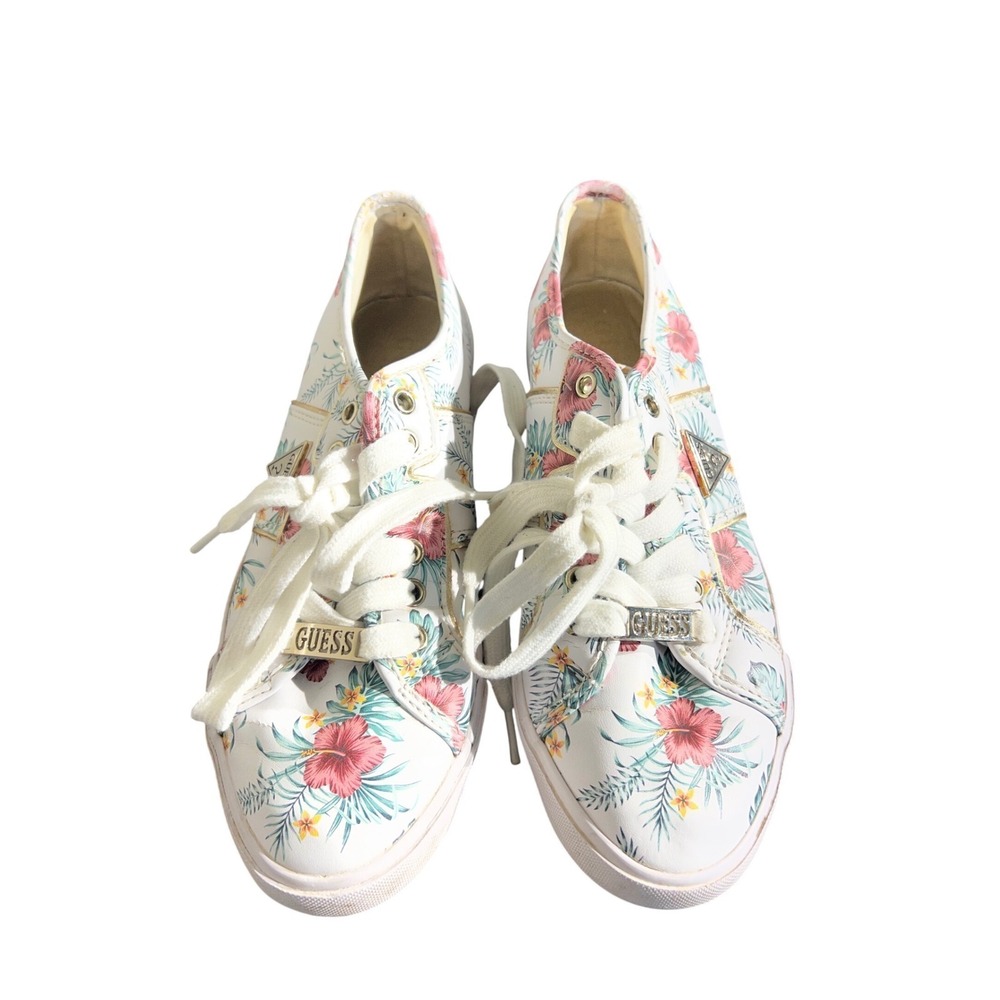 Guess Women Floral Sneakers White Hibiscus Tropical Low Top Lace Up Shoes Size 7